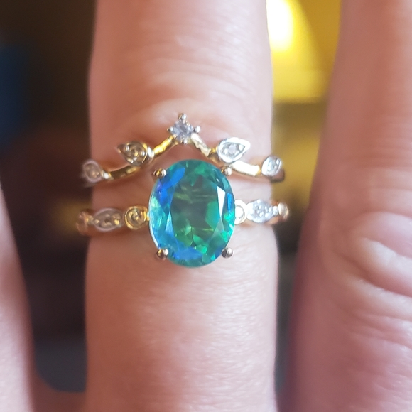 SOLDPeacock Quartz 2 set ring. Yellow Gold over Sterling Silver 3.25ctw - Picture 6 of 8